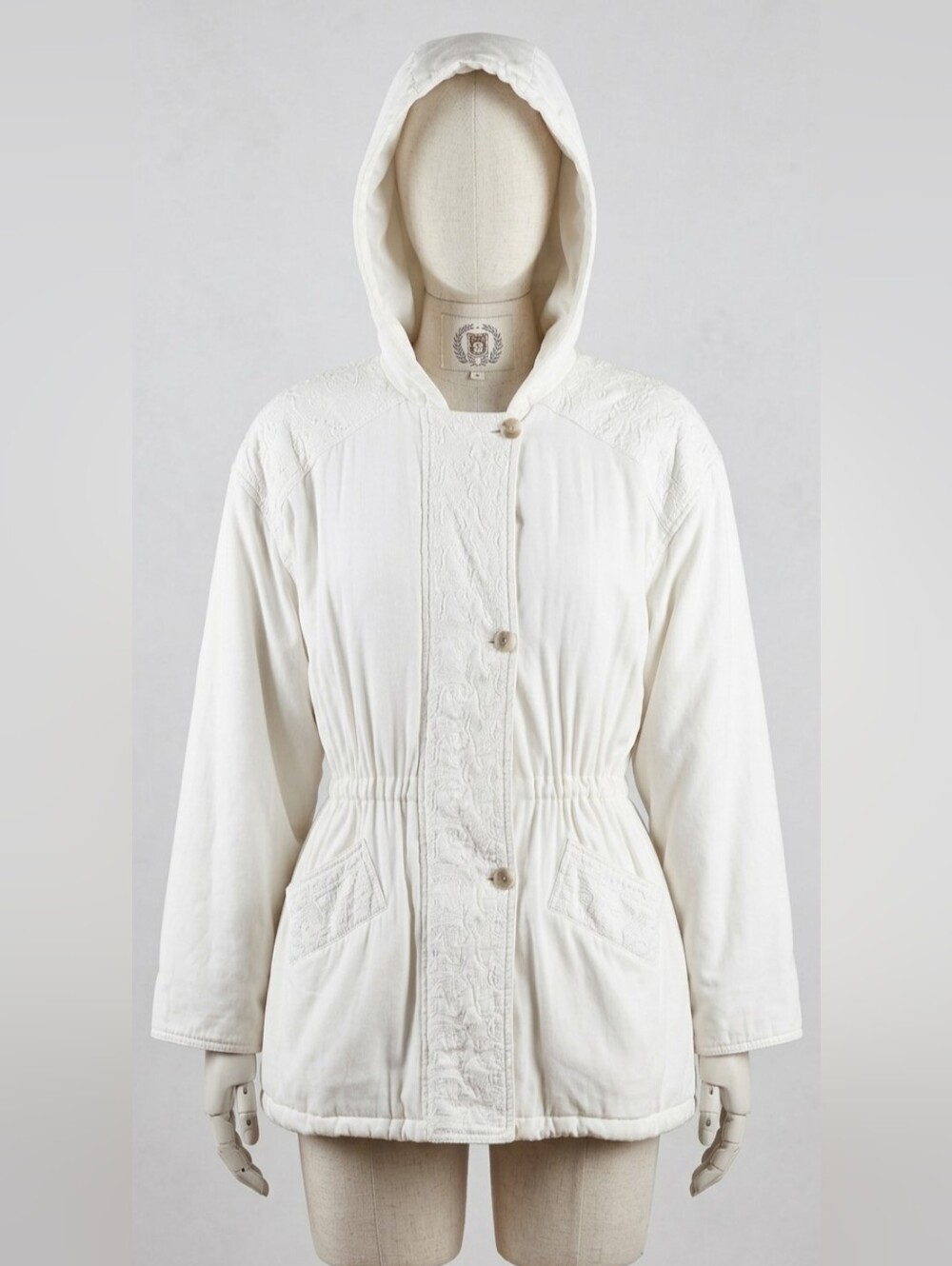 Vintage Ivory Embroidered Parka Quilted Jacket Hooded Cinch Waist Winter Fall